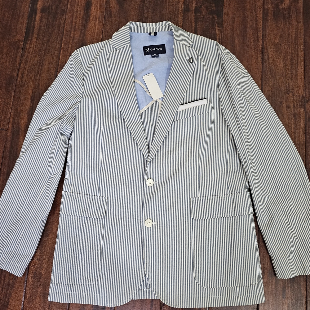 Cremieux Blue & White Striped Seersucker Blazer Size M